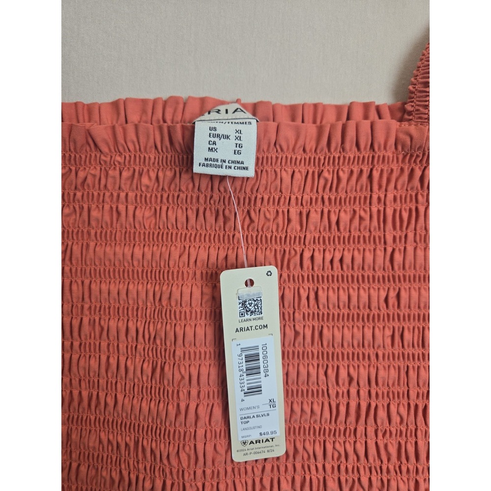 Ariat Women's Darla Smocked Sleeveless Tank Top Peach Tone 10060384 Size XL - Picture 2 of 6